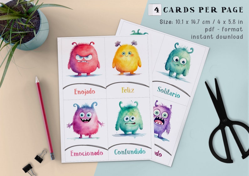 Printable Emotion Flashcards Watercolor Monsters Cards Feelings Learning Tool for Kids Classroom Emotions Therapy Digital Download Spanish image 3