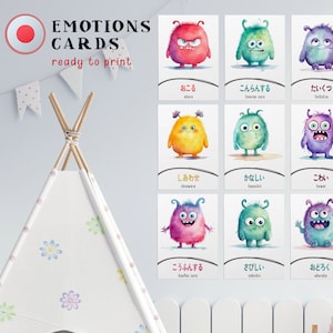 Emotions Karteikarten in Japanisch, Aquarell Monster Karten, Gefühle Lernwerkzeug für Kinder Klassenzimmer Emotionstherapie Digitaler Download