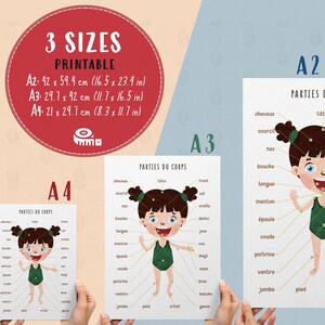 Puede incluir: P&oacute;ster educativo imprimible para ni&ntilde;os con una ni&ntilde;a de dibujos animados con las partes del cuerpo etiquetadas en franc&eacute;s. El p&oacute;ster est&aacute; disponible en tres tama&ntilde;os: A2 (42 x 59,4 cm), A3 (29,7 x 42 cm) y A4 (21 x 29,7 cm).