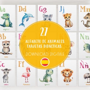 Spaans alfabet download pdf, ABC-flashkaarten met schattige dieren, aquarel educatieve kaarten voor kinderen, hulpmiddel voor kleuters, digitale bronnen