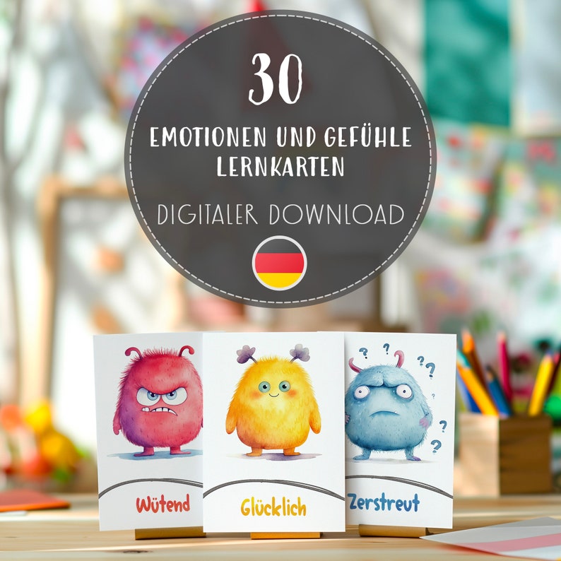 Druckbare Emotionen Karte für Kinder, Download von Monster Gefühlen Karten, Emotionstherapie, Entwicklung von emotionaler Fähigkeiten Bild 1