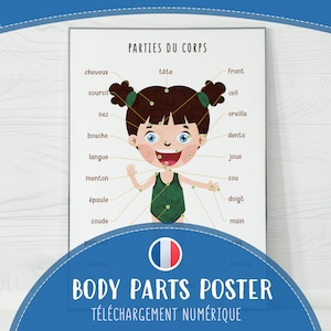 Pôster de partes do corpo infantil, gráfico de parede educacional colorido e detalhado em francês, decoração de pré-escola fácil para aprendizagem em casa, download digital de arte de parede