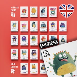 Flashcards de emoções para crianças – Flashcards de sentimentos de monstros fofos, ferramentas de aprendizagem para impressão, PDF educacional para sala de aula e download em casa