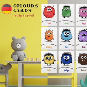 Printable Learning Colours Cards for Kids, Cute Monster German Colour Flashcards, Educational Preschool Tool, High-Quality Digital Download