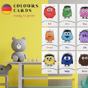 Deutsch Farbe Flashcards Download PDF, Montessori Farbkarten, Vorschul-Lernkarten, druckbare Ressourcen, süße Monster Karten