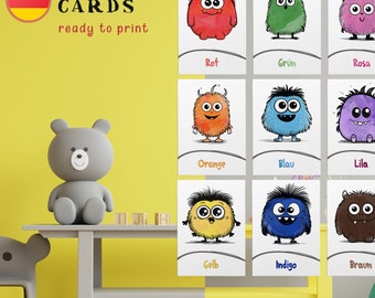 Printable Learning Colours Cards for Kids, Cute Monster German Colour Flashcards, Educational Preschool Tool, High-Quality Digital Download