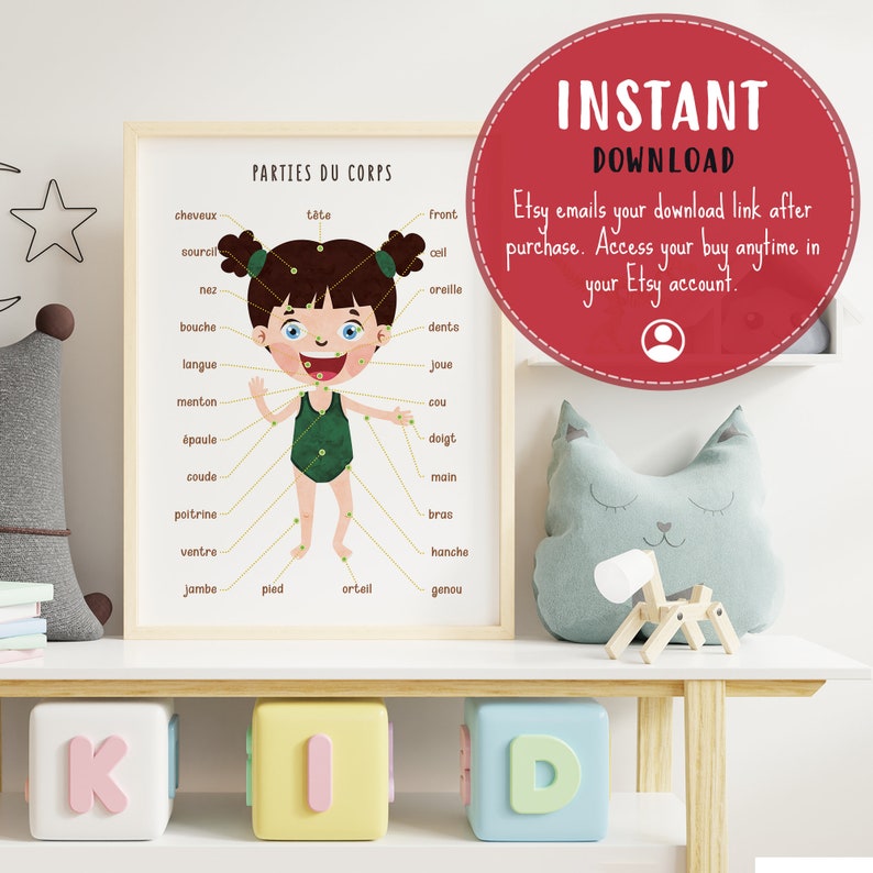 Puede incluir: Un p&oacute;ster educativo imprimible en franc&eacute;s, con una ilustraci&oacute;n de dibujos animados de una ni&ntilde;a con etiquetas que se&ntilde;alan diferentes partes del cuerpo. El p&oacute;ster se titula "Parties du Corps" e incluye palabras como "cheveux", "t&ecirc;te", "front", "sourcil", "oeil", "oreille", "nez", "bouche", "langue", "joue", "menton", "cou", "&eacute;paule", "doigt", "coude", "main", "poitrine", "bras", "ventre", "hanche", "jambe", "pied", "orteil" y "genou".