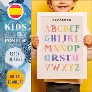 Alfabeto Español Póster Imprimible - Abecedario Niños PDF - Arte Educativo Pared - Decoración Aula Preescolar