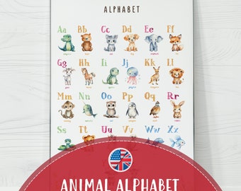 Printable Alphabet Poster with Animals - Watercolor ABC Wall Art for Nursery, Educational Kids Room Decor, Digital Download