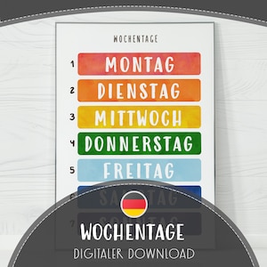 May include: A printable chart with the days of the week in German, with each day written in a different color. The chart is titled "Wochentage" and has the German flag in the corner. The text "Digitaler Download" is at the bottom of the chart.