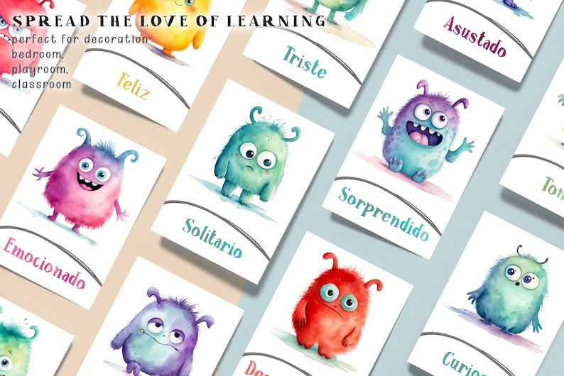 Printable Emotion Flashcards Watercolor Monsters Cards Feelings Learning Tool for Kids Classroom Emotions Therapy Digital Download Spanish image 6