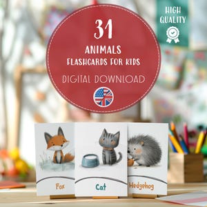 31 tarjetas didácticas de animales para niños, tarjetas de animales adorables, descarga digital Montessori, recursos educativos, PDF instantáneo, herramienta de aprendizaje divertida