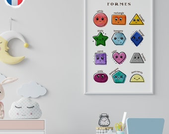 May include: A colourful educational poster with the French word "FORMES" at the top. The poster features various geometric shapes with cute faces, each labelled with its French name, such as "cercle", "rectangle", "triangle", "étoile", "hexagone", "losange", "carré", "cœur", "trapèze", "ovale", "pentagone", and "demi-cercle".