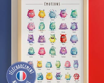 Affiche Émotions Enfants Français | Franse gevoelens kunst aan de muur | Monsters Aquarelle Montessori