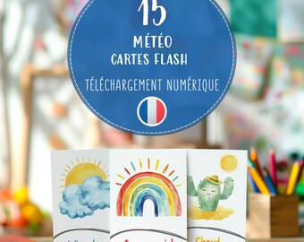 Weather Printable Flashcards for Kids French, Cute Watercolor Learning Climate Cards, Educational Preschool Tool Lovely PDF Digital Download