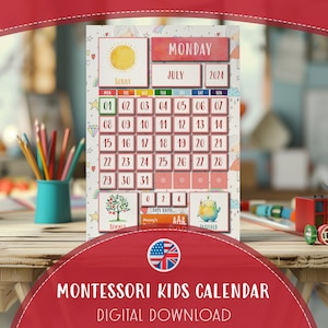 May include: A printable Montessori kids calendar for July 2024. The calendar features a colourful design with a sun, a rainbow, and a monster. The calendar is designed for children to learn about the days of the week, the months of the year, and the numbers 1-31.