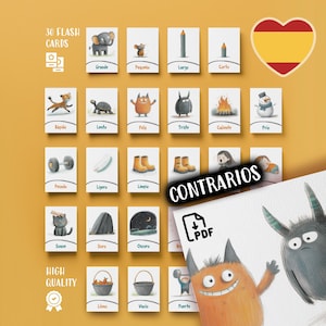Carte mémoire des adjectifs opposés en espagnol, paires de cartes mémoires d'adjectifs imprimables pour enfants, cartes d'apprentissage des contraires pour l'éducation préscolaire, vocabulaire