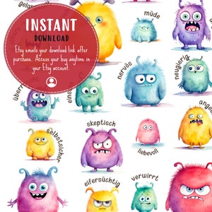 May include: A set of 12 watercolor illustrations of colorful monsters with different facial expressions. Each monster has a German word written below it, describing a different emotion or personality trait. The words are: "gelassen", "&uuml;berm&uuml;det", "nerv&ouml;s", "neugierig", "angeekelt", "m&uuml;de", "selbststsicher", "skeptisch", "eifers&uuml;chtig", "liebevoll", "verwirrt", and "einsam".