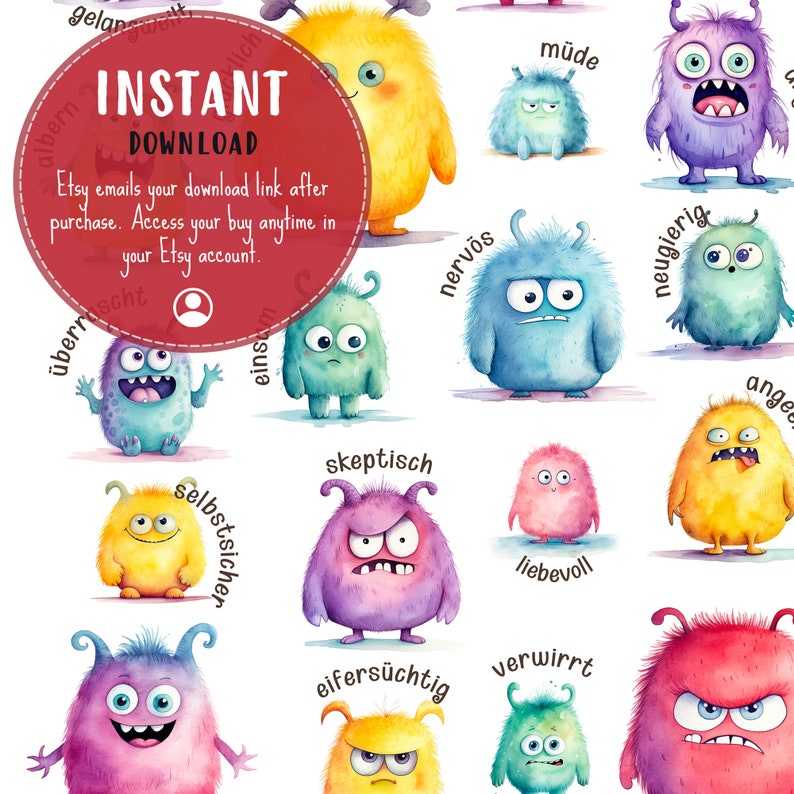 May include: A set of 12 watercolor illustrations of colorful monsters with different facial expressions. Each monster has a German word written below it, describing a different emotion or personality trait. The words are: "gelassen", "&uuml;berm&uuml;det", "nerv&ouml;s", "neugierig", "angeekelt", "m&uuml;de", "selbststsicher", "skeptisch", "eifers&uuml;chtig", "liebevoll", "verwirrt", and "einsam".
