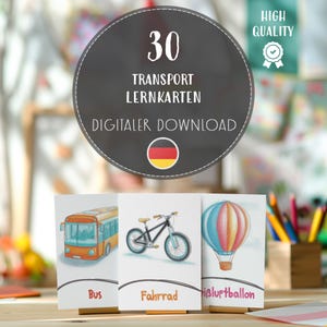 Deutsch Transport Lernkarten für Kinder, druckbare Fahrzeug-Lernkarten, Autos und Lastwagen Flash Karten PDF, Lernmittel für Kleinkinder