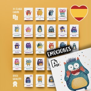 31 Flashcards de emoções em espanhol para crianças, Flashcards de sentimentos de monstros fofos, ferramentas de aprendizagem para impressão, PDF educacional para download em sala de aula