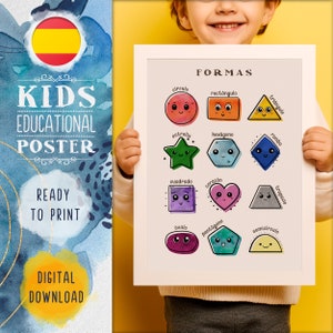 Póster de formas en español para niños, bonito arte mural educativo de geometría en acuarela, decoración para preescolar, tabla digital imprimible.