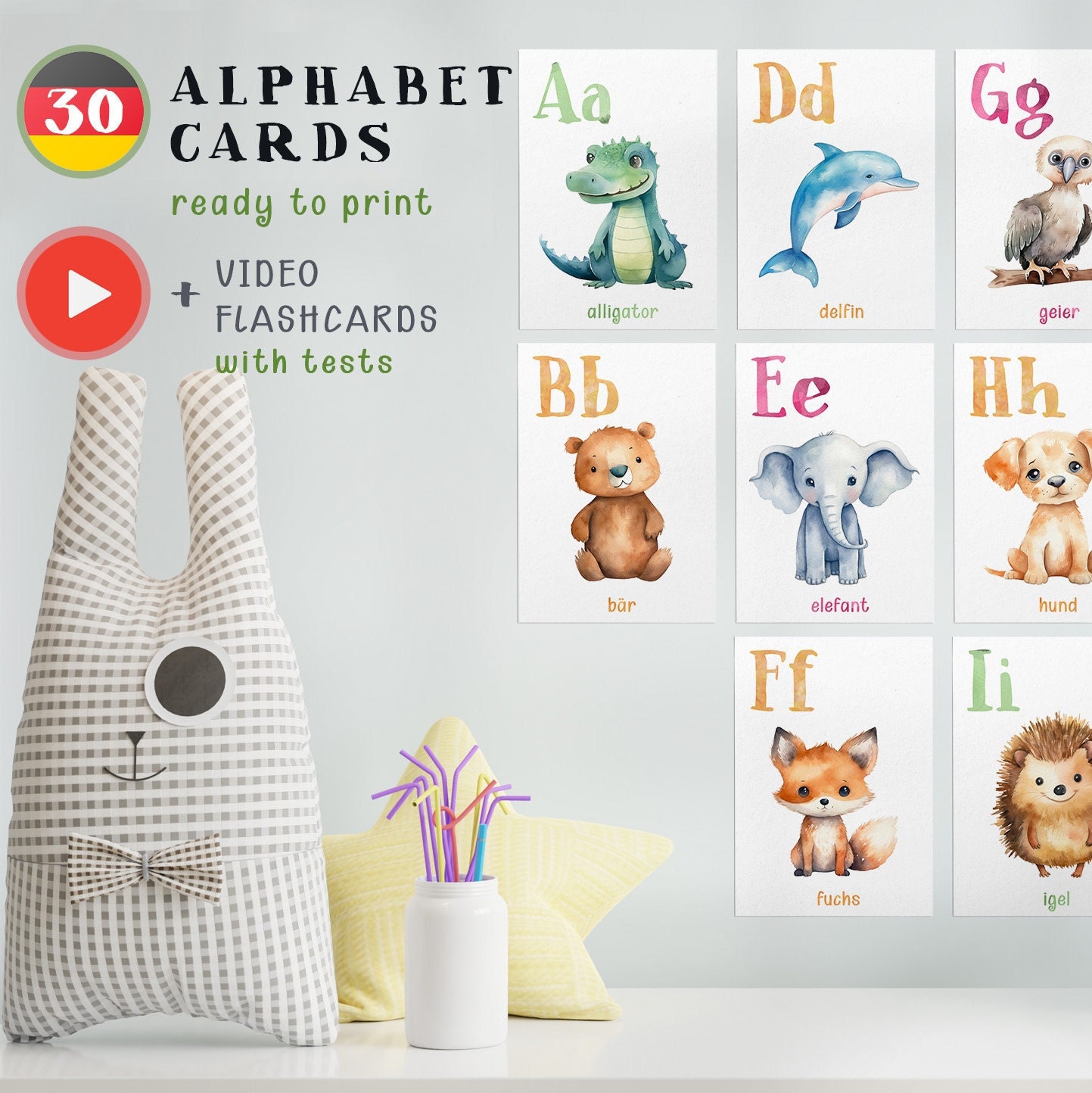 Printable German Alphabet Flashcards, Cute Animal Abcs A4, Watercolor