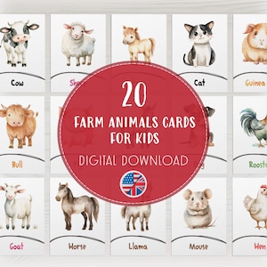 Cartões de animais de fazenda, Flashcards pré-escolares, Flashcards Montessori, Cartões educacionais para impressão, Download instantâneo digital