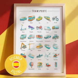 Póster educativo de vehículos de transporte para niños: póster de pared educativo, coches, camiones, trenes, decoración para aulas o salas de juegos, descarga