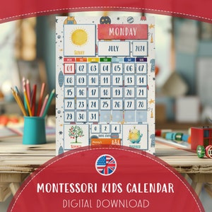 May include: A colourful printable Montessori calendar for children featuring a rocket ship, planets, stars, and a monster. The calendar is for July 2024 and includes a space-themed design.