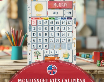 Calendario para niños imprimible: divertido kit educativo de actividades de bricolaje, aprendizaje interactivo para el hogar, calendario del aula, planificador mensual para niños