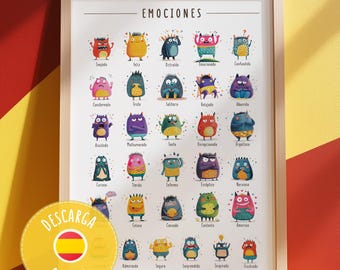 Peut inclure: Un tableau coloré avec des illustrations de monstres représentant différentes émotions. Le tableau est intitulé "EMOCIONES" et comprend des mots comme "Enojado", "Feliz", "Distraído", "Confundido", "Consternado", "Triste", "Solitario", "Relajado", "Aburrido", "Asustado", "Malhumorado", "Tanto", "Decepcionado", "Orgulloso", "Curioso", "Tímido", "Enferma", "Escéptico", "Nervioso", "Celoso", "Cansado", "Confiado", "Enamorado", "Admirando", "Seguro", "Sorprendido", "Inspirado", "Frustrado".