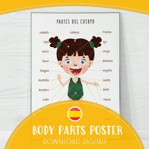 Póster de partes del cuerpo para niños, gráfico educativo de pared con figuras humanas, colorido y detallado en español, decoración preescolar fácil de aprender en casa, descarga digital.