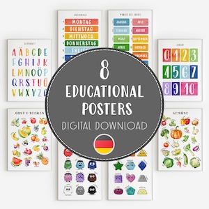 Peut inclure: Huit affiches éducatives avec des illustrations colorées. Les affiches comprennent l'alphabet, les chiffres, les jours de la semaine, les mois de l'année, les fruits, les légumes et les formes. Le texte "8 EDUCATIONAL POSTERS DIGITAL DOWNLOAD" est au centre.
