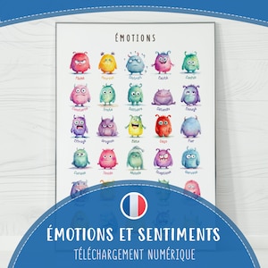 Poster d'émotions à télécharger, impression pour enfants, préscolaire, sentiments amusants de monstres PDF français, art mural imprimable apprentissage émotionnel, maison de classe