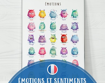 May include: A colorful chart with watercolor illustrations of monsters representing different emotions in French. The chart is titled "ÉMOTIONS" and "ÉMOTIONS ET SENTIMENTS" with the text "TÉLÉCHARGEMENT NUMÉRIQUE" at the bottom.