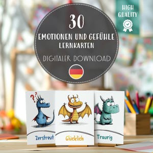 Descargar tarjetas didácticas sobre las emociones en formato PDF, tarjetas de emociones de dragones alemanes, terapia de emociones en el aula, recursos primarios para desarrollar habilidades sociales para niños