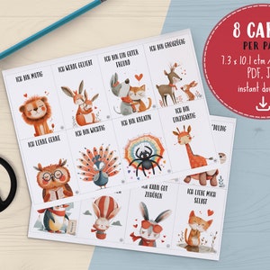 May include: Printable cards featuring cute animal illustrations and positive affirmations in German. Each card has a different animal and a phrase like "Ich bin wichtig" (I am important) or "Ich bin kreativ" (I am creative). The cards are designed for instant download in PDF and JPG format, measuring 2.9 x 4 inches.
