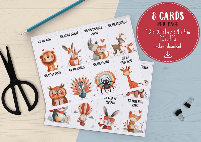 May include: Printable cards featuring cute animal illustrations and positive affirmations in German. Each card has a different animal and a phrase like "Ich bin wichtig" (I am important) or "Ich bin kreativ" (I am creative). The cards are designed for instant download in PDF and JPG format, measuring 2.9 x 4 inches.