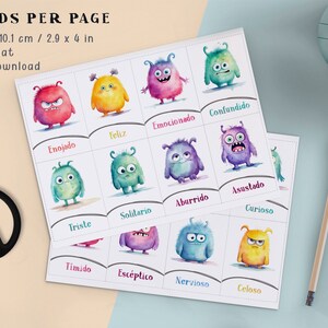 Printable Emotion Flashcards Watercolor Monsters Cards Feelings Learning Tool for Kids Classroom Emotions Therapy Digital Download Spanish image 4