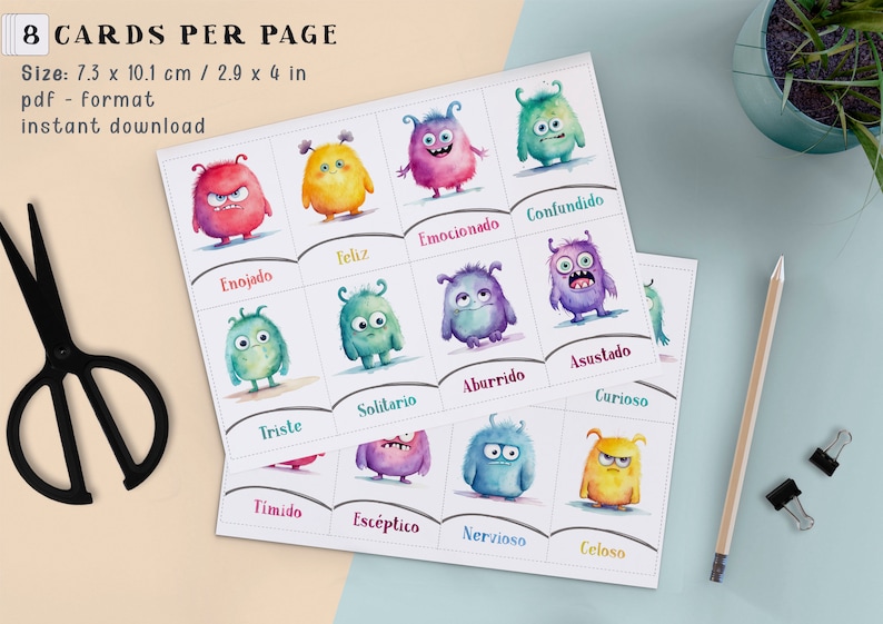 Printable Emotion Flashcards Watercolor Monsters Cards Feelings Learning Tool for Kids Classroom Emotions Therapy Digital Download Spanish image 4