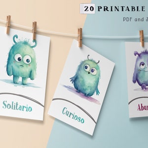 Printable Emotion Flashcards Watercolor Monsters Cards Feelings Learning Tool for Kids Classroom Emotions Therapy Digital Download Spanish image 2