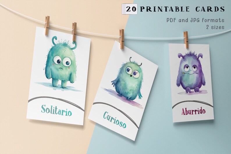 Printable Emotion Flashcards Watercolor Monsters Cards Feelings Learning Tool for Kids Classroom Emotions Therapy Digital Download Spanish image 2