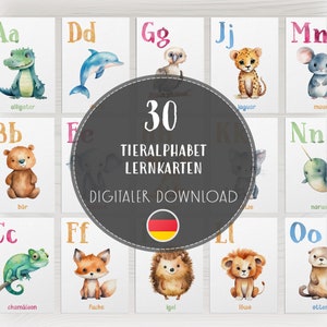 Printable German Alphabet Flashcards, Cute Animal ABCs A4, Watercolor Educational Cards for Kids, Preschool Learning Tool, Digital Download