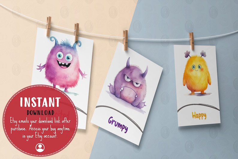 Printable Emotions Flashcards for Kids, Download Cute Monsters Feelings Cards, Classroom Emotion Therapy, Develop EQ and Social Skills image 7