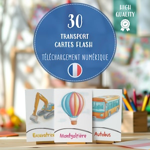 Flashcards sur les transports en français pour enfants, cartes d'apprentissage imprimables sur les véhicules, cartes-éclair sur les voitures au format PDF, outil éducatif pour les tout-petits et les enfants d'âge préscolaire