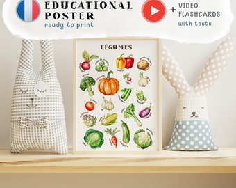 Cartel educativo para niños de verduras, impresión de pared vegetariana de acuarela, herramienta de aprendizaje en el hogar imprimible encantadora francesa, descarga digital de alta calidad