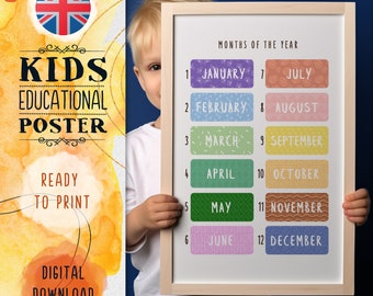 Mois, année, affiche pour enfants | Calendrier PDF imprimable | Art mural d'apprentissage
