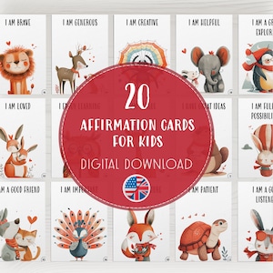PDF positieve affirmaties voor kinderen, schattige dierenflashcards, motiverende kaarten voor zelfrespect, geestelijke gezondheid downloaden, mindfulness voor kinderen