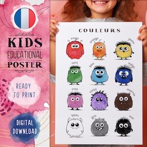 Affiche Couleurs Enfants Français | Monstres Apprentissage | Art Mural PDF
